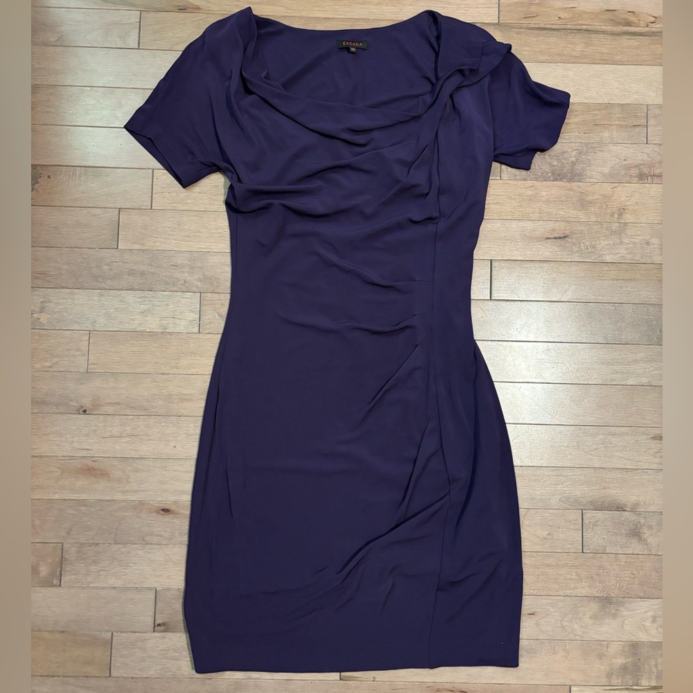 Escada Purple Cowl Neck Dress Mini Draped Neckline Ruched Flattering